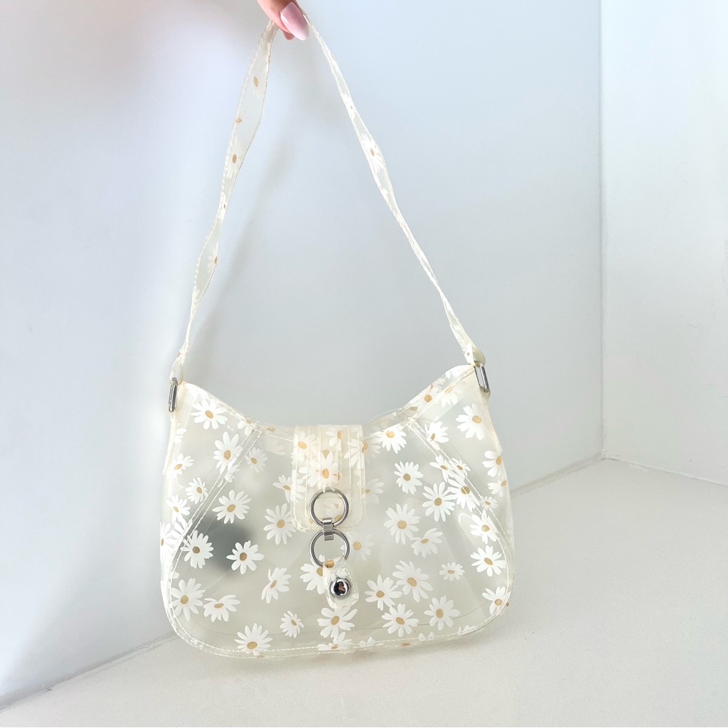 Urban Outfitters Clear Baguette Bag White Daisy Floral Print Purse Shoulder Bag